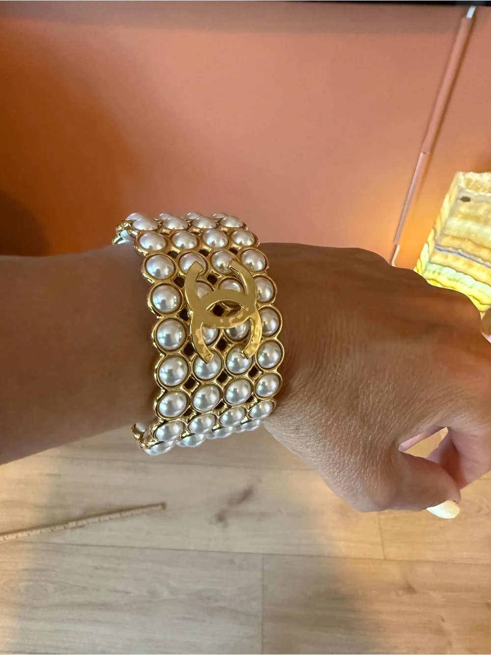 CHANEL Gold-Tone Pearl Multirow Cuff Bracelet